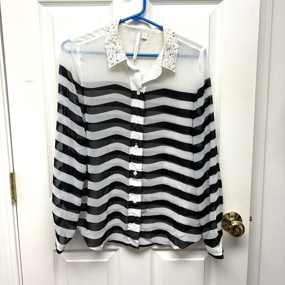 Lauren Conrad Tops - Lauren Conrad Sheer White Blouse, Black Stripes, Lace Collar, Button Up, Size M